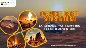 Starry night over a traditional Bedouin camp during an overnight desert safari in Dubai, with glowing tents nestled among golden sand dunes